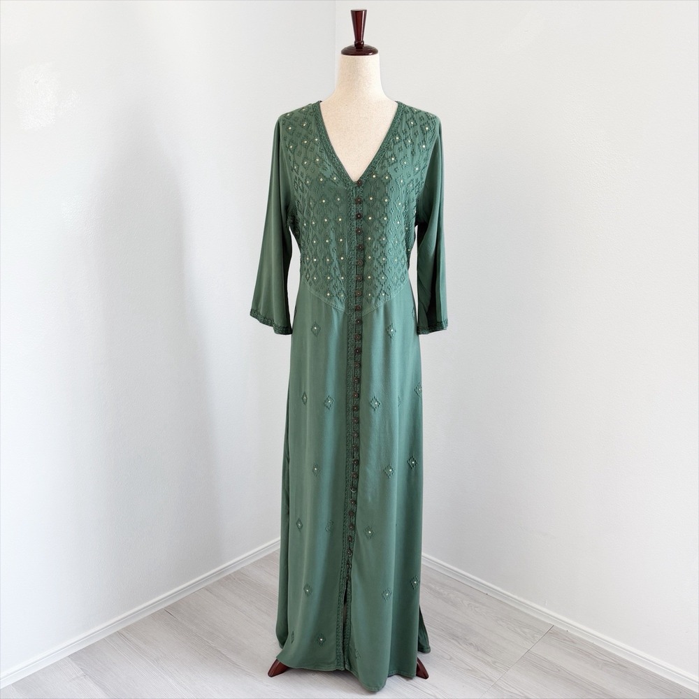 Vintage Soft Surroundings Dress Womens Medium Green Peasant Tie Back Renaissance